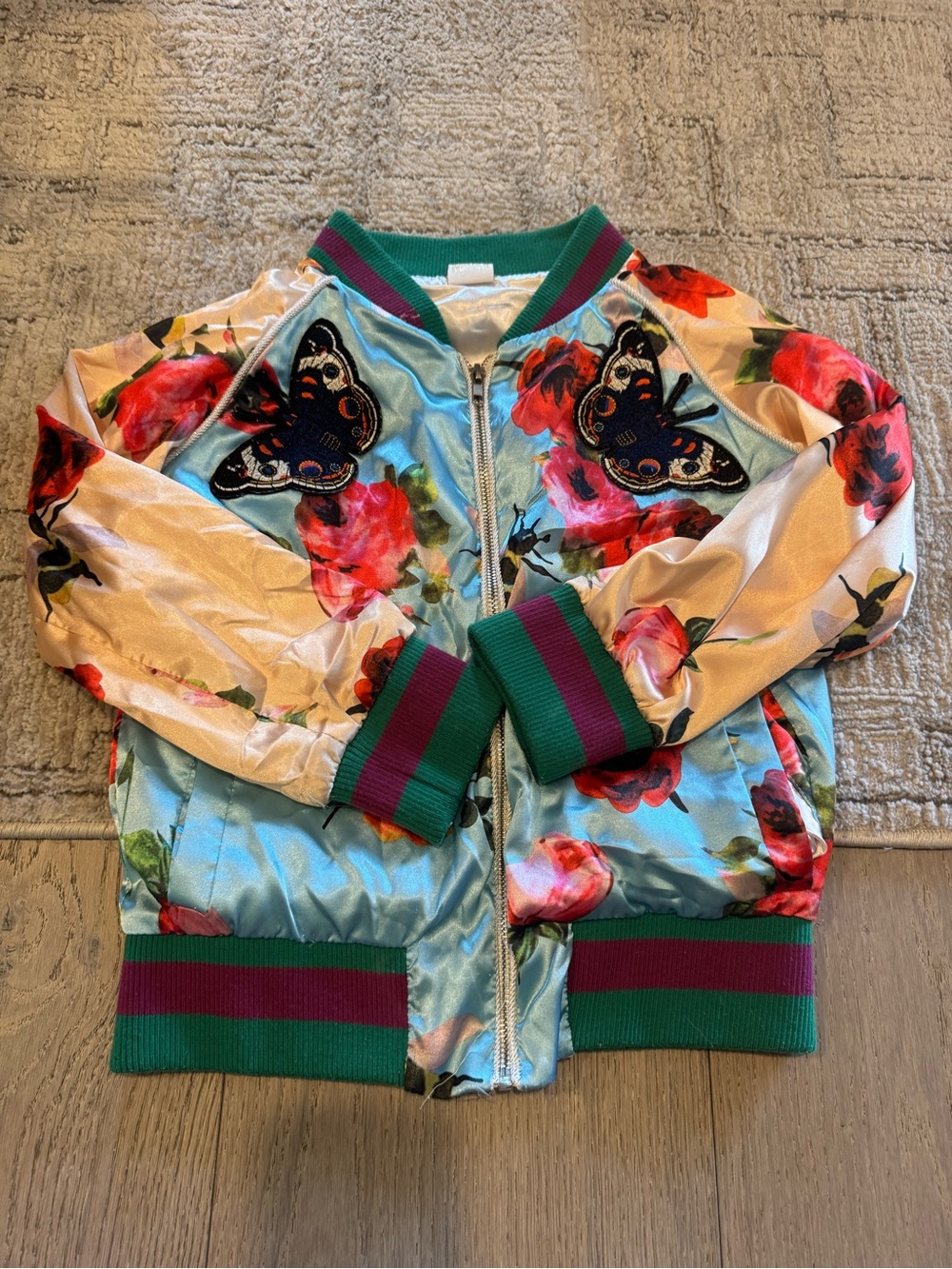 Girls Floral Butterfly Satin Bomber Jacket - Blue & Pink
